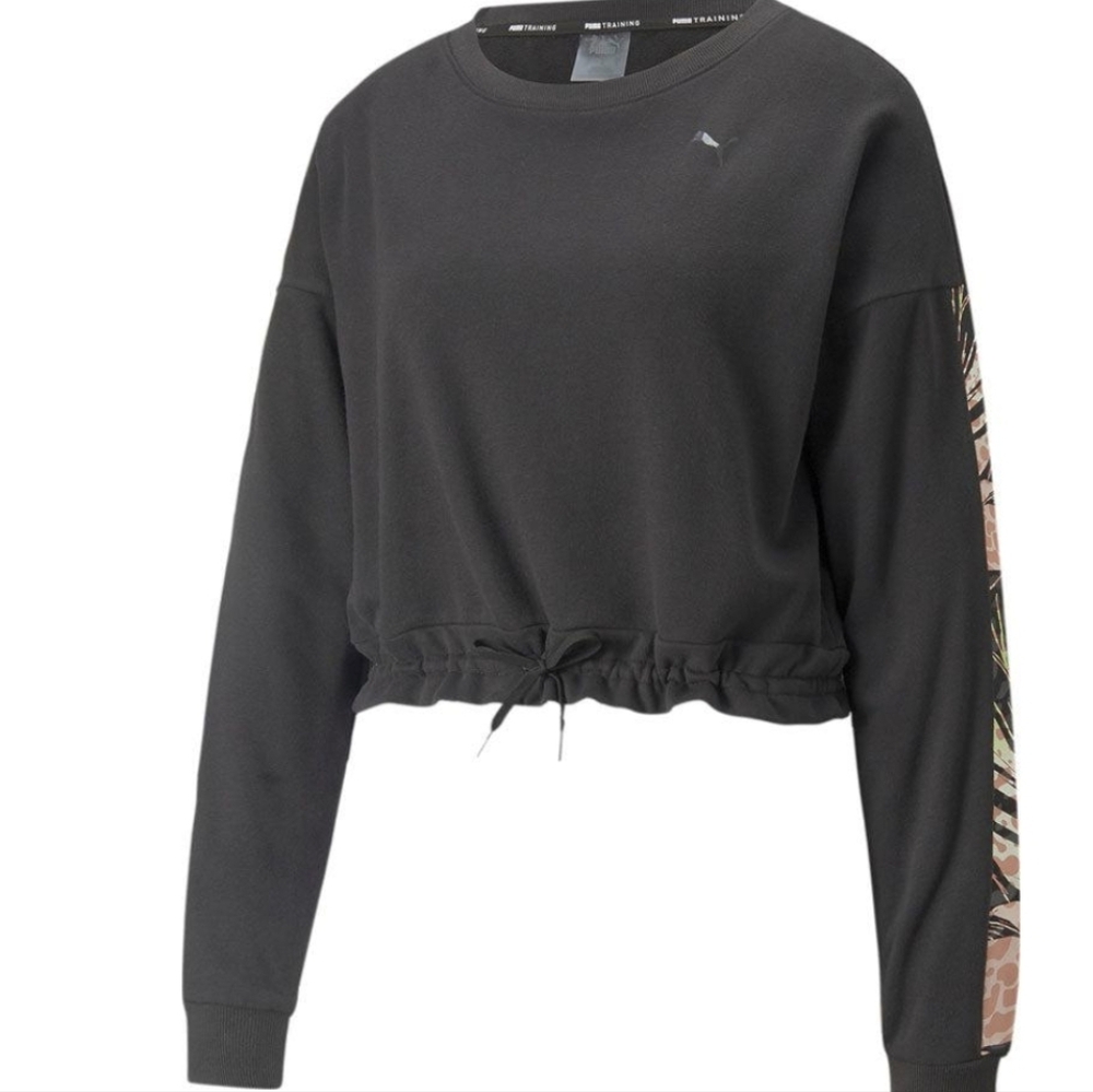 Puma Training Womans Cropped French Terry Black & Pink Crew Neck Sweatshirt